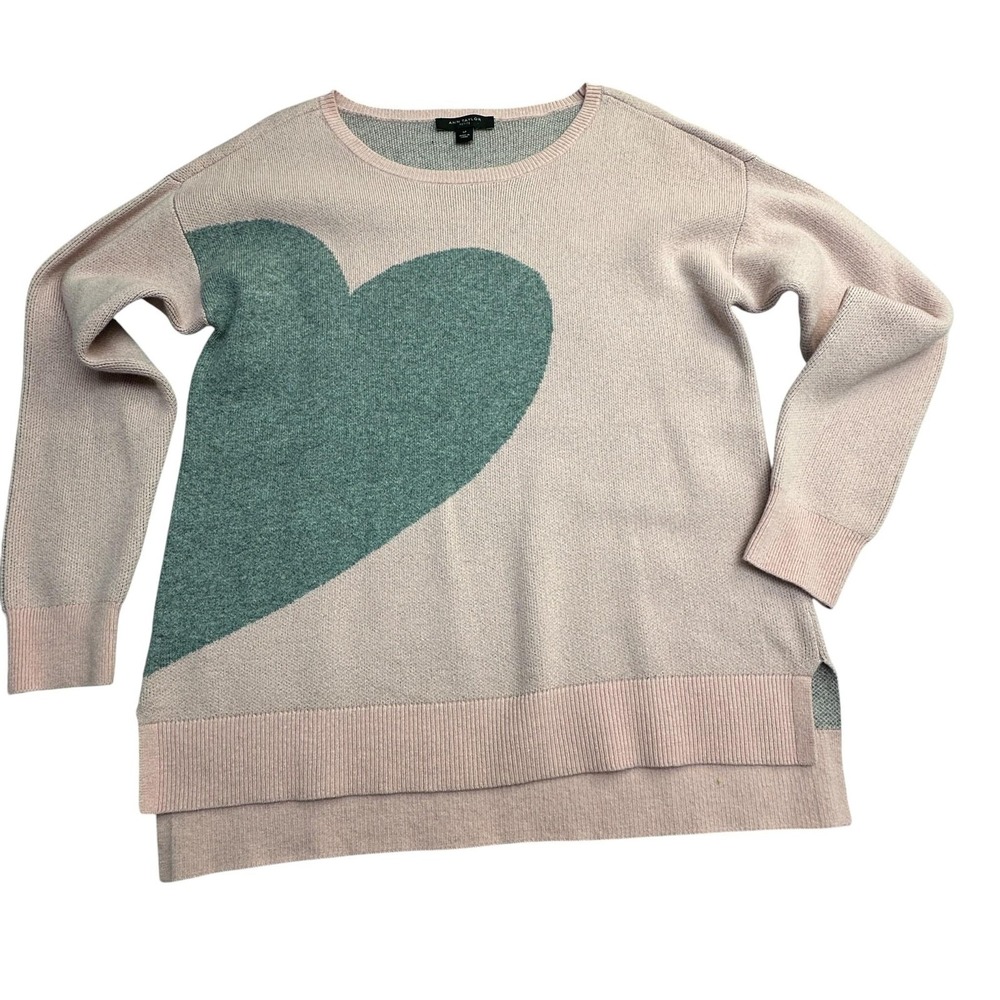 Ann Taylor Sweater Womens Large Petite Pink Heart Graphic Tunic High Low Hem